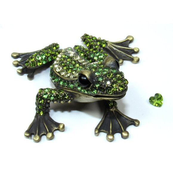 Green Jeweled Frog Trinket Box w/Rhinestones + 5mm Loose Peridot Heart Keepsake - Picture 1 of 9